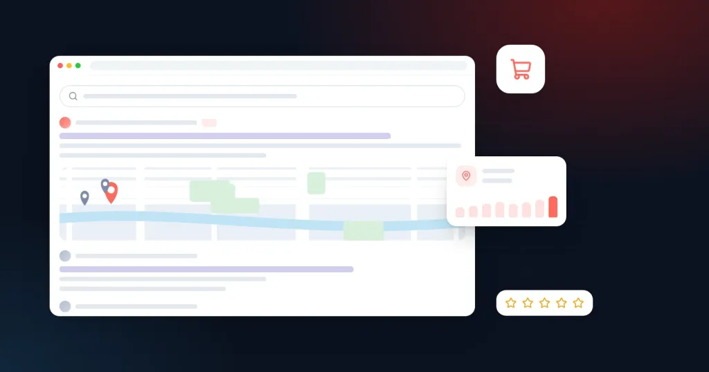 Illustration for “E-commerce SEO Guide for Indian Online Stores”: a search results page with a local map pack and review stars