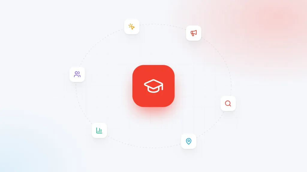 Illustration for Education digital marketing: a central industry icon surrounded by marketing channel icons