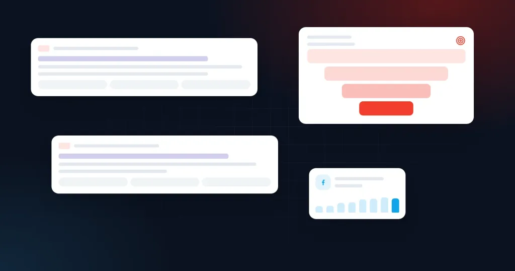 Illustration for “Google Ads vs Meta Ads: Which Fits Your Business?”: search ad cards and a conversion funnel