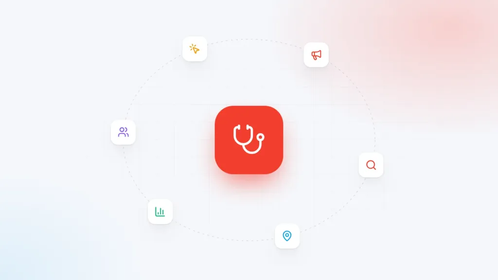 Illustration for Healthcare digital marketing: a central industry icon surrounded by marketing channel icons