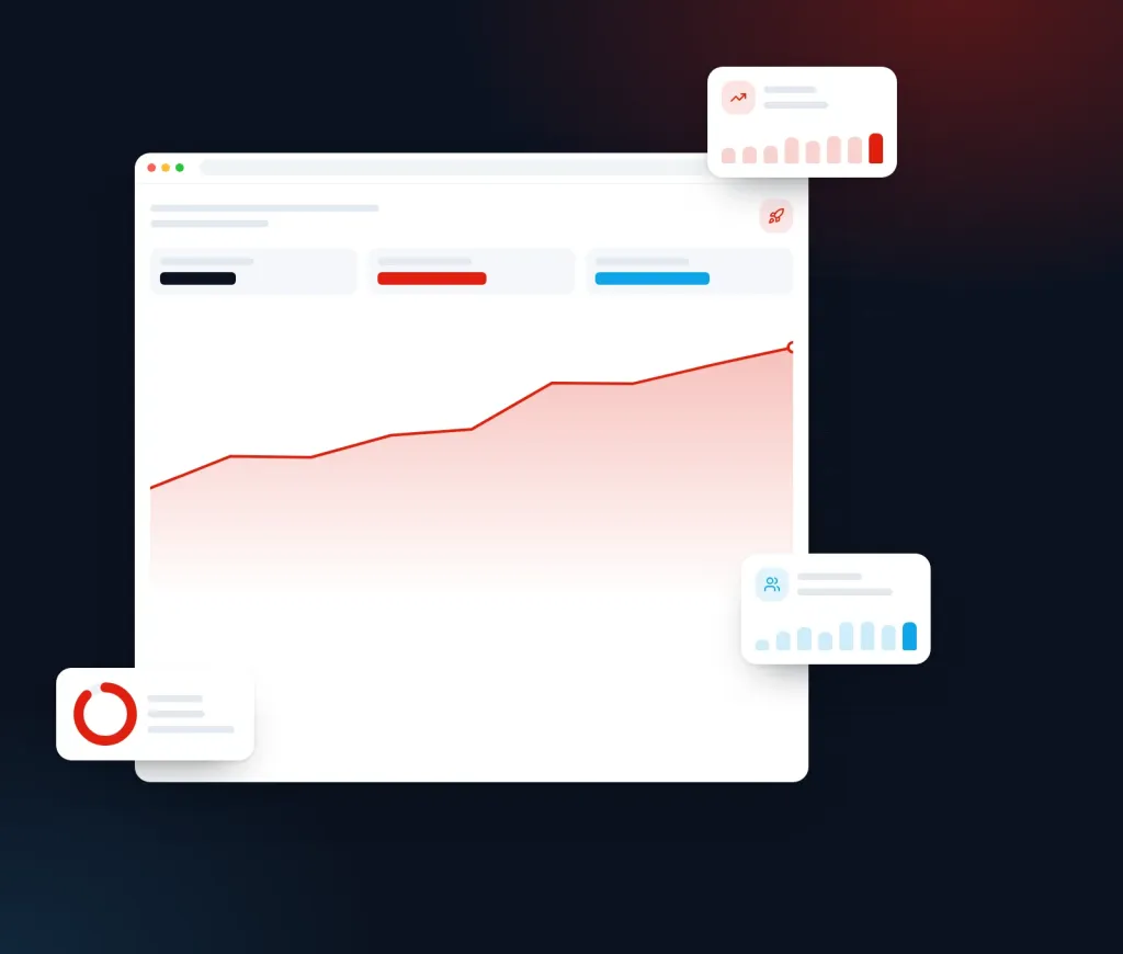 Illustration of a digital growth dashboard with a rising performance chart and KPI cards