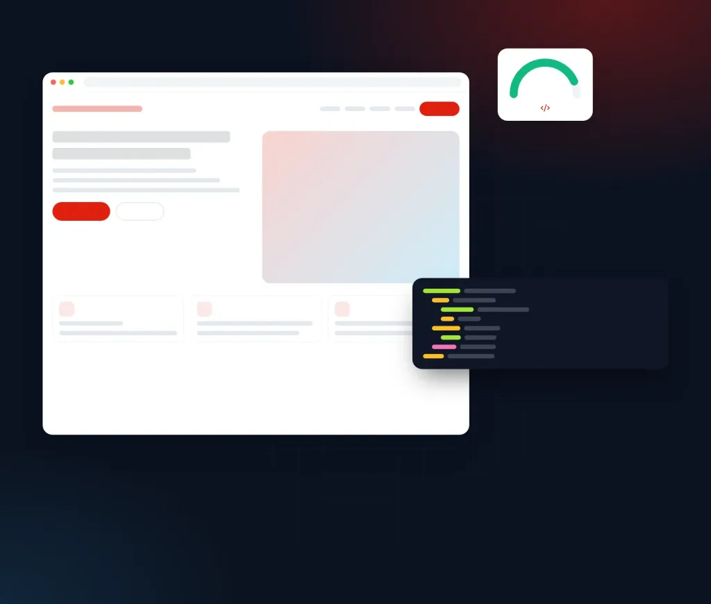 Illustration of a conversion-focused website layout, source code and a high performance score