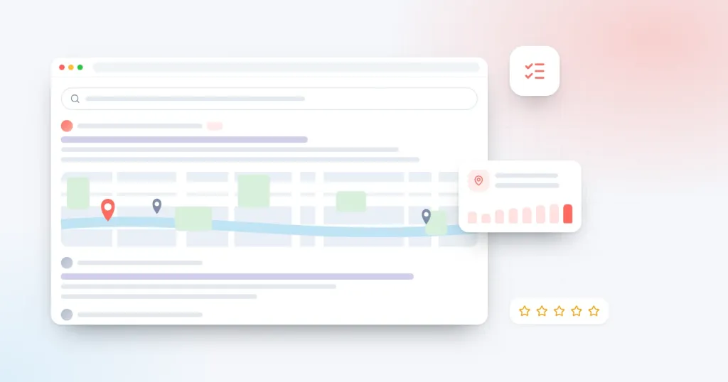 Illustration for “Local SEO Checklist for Chandigarh Businesses”: a search results page with a local map pack and review stars