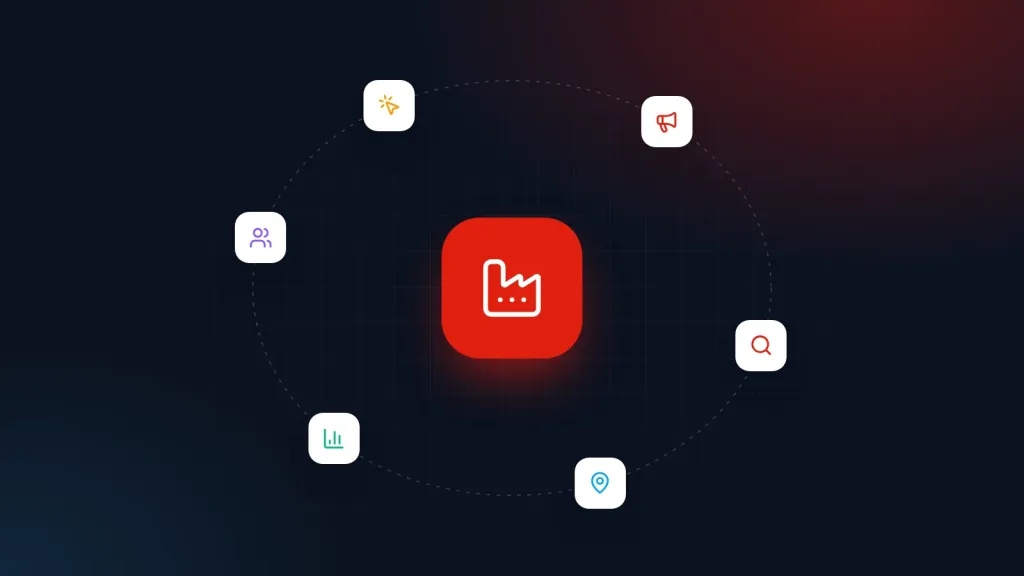 Illustration for Manufacturing & Industrial digital marketing: a central industry icon surrounded by marketing channel icons