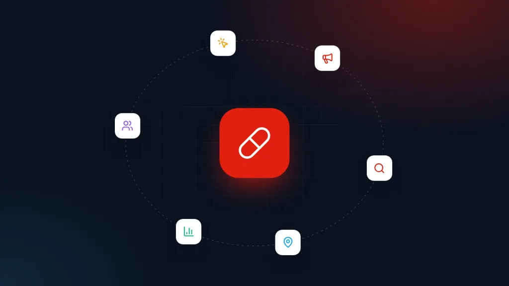 Illustration for Pharma digital marketing: a central industry icon surrounded by marketing channel icons