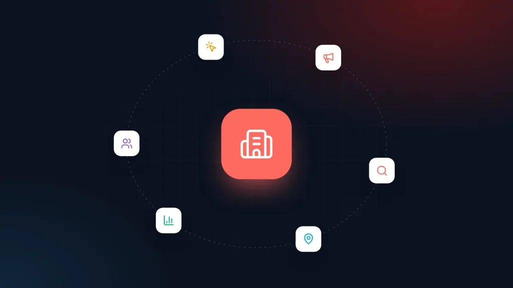 Illustration for Real Estate digital marketing: a central industry icon surrounded by marketing channel icons