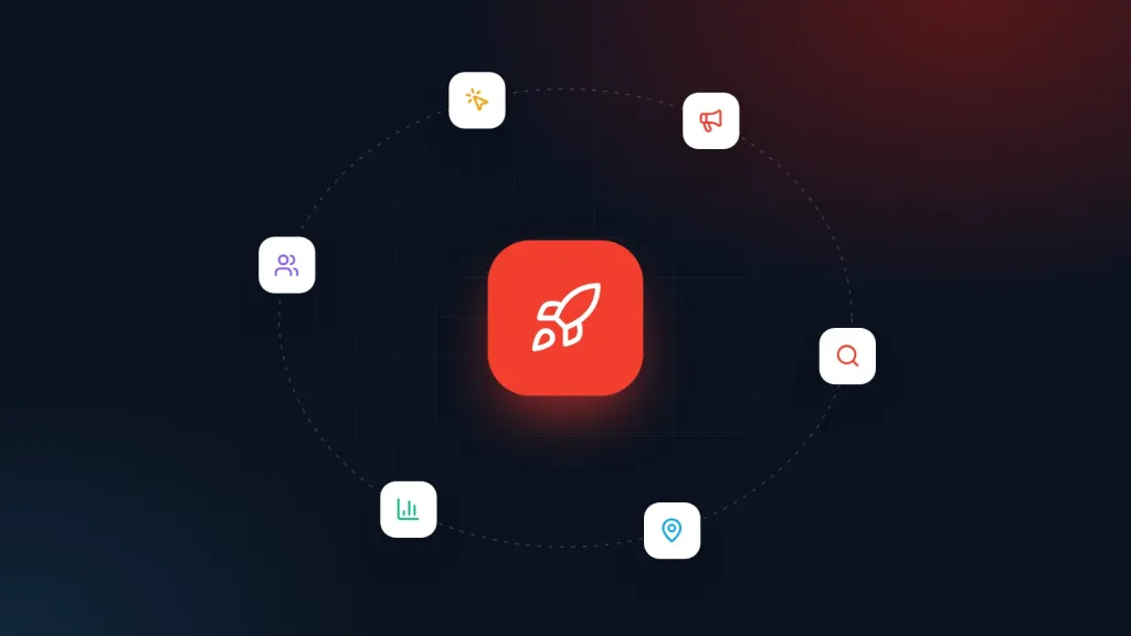 Illustration for Startups digital marketing: a central industry icon surrounded by marketing channel icons