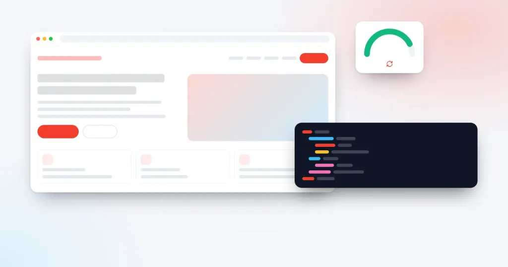 Illustration for “Website Redesign Without Losing SEO: A Practical Migration Guide”: a website wireframe, a code panel and a performance gauge