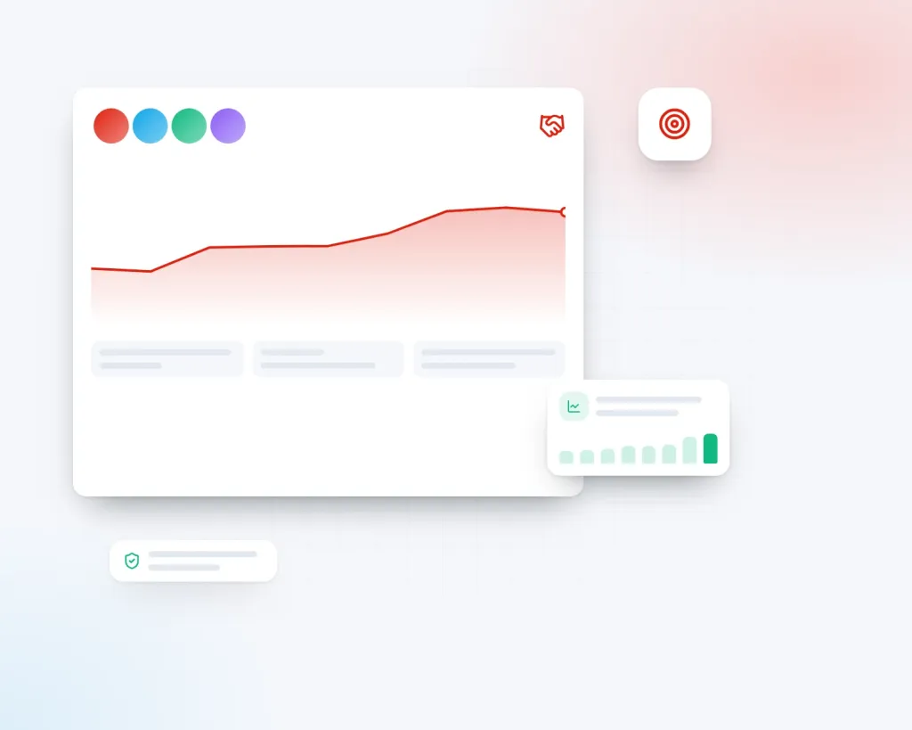 Illustration of a growth partnership: team avatars, a performance chart and a target icon